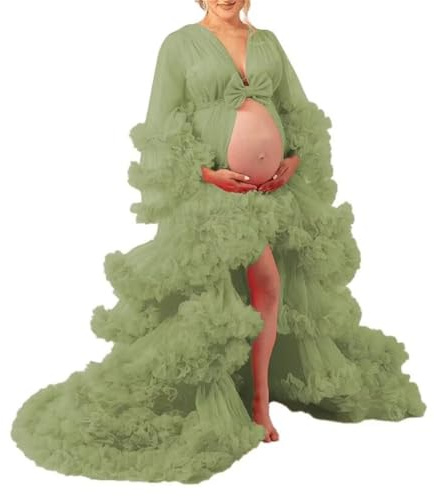 AHERKLL Puffy tyllrock moderskapsklänning för fotografering genomskinliga långa underkläder baby shower graviditet fotografering dressing ZM032, Salvia, 42