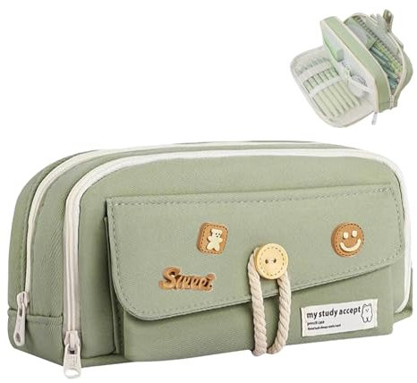 KASESSS Federmäppchen, Federmappe, Federtasche mit Dekorativen Aufnähern, Federmäppchen Mädchen, 4 Trennfach Multifunktional Etui, Grossem Mäppchen Aesthetic für Kinder Schule Home Office Supplies