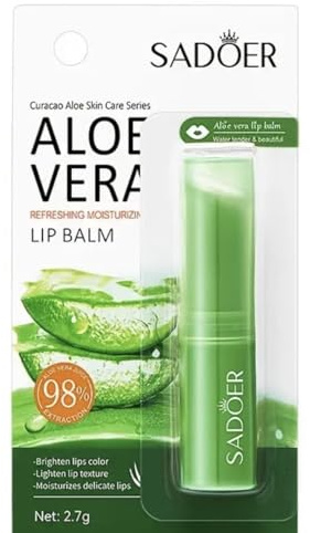 SADOER Bálsamo Labial de Aloe Vera, 98% Extracto Natural, Hidratante Refrescante, 2,7g