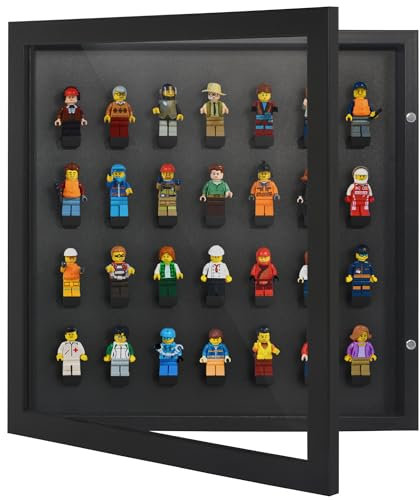 Americanflat 35,6 x 35,6 cm Minifiguren-Vitrine mit poliertem Plexiglas, für 28 Minifiguren, Silhouetten-Kollektion, Wandmontage, Baustein-Spielzeugvitrine für kleine Spielzeug-Sammlerstücke, Schwarz