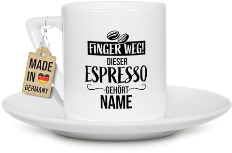 Tassendruck Espressotasse bedruckt mit Name und Spruch - Finger weg! - Persönliches Geschenk für Freunde, Familie oder Kollegen zum Geburtstag, Weihnachten - Eckiger Henkel, Porzellan-Tasse, 100 ml