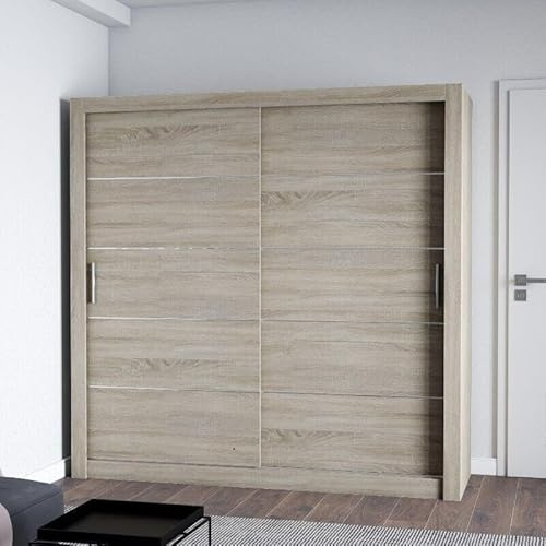 LEXISS Modern Sliding Door Wardrobe – Customizable Sizes & Colors – Contemporary Bedroom Storage Cabinet (Oak, 203cm)