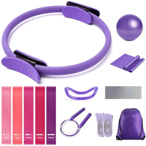 Pilates Equipment Ball Ring Set: 13Pcs Home Pilates Kit for Women | 14-Inch Ring with Dual Padded Handles, Pilate Mini Ball, 5-Level Resistance Bands, Pump & Grip Socks - Ideal Xmas Gift