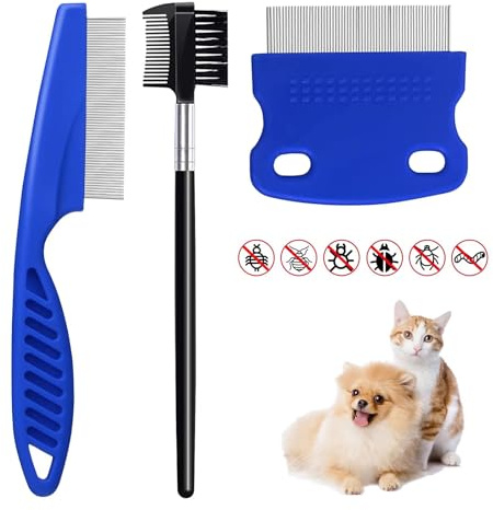 3 PCS Flea Comb Set, Flea Combs for Cats Flea Combs for Dogs to Kill Fleas and Eggs, Dog Cat Stainless Steel Lice Combs with Tear Stain Removal Comb, Dematting Tool for Small, Medium & Large Pets