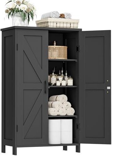 Homleke Farmhouse Bathroom Cabinet with Adjustable Shelves, Free-Standing Storage Cabinet with Barn Doors, for Kitchen, Living Room, Dining Room, Entryway, Black