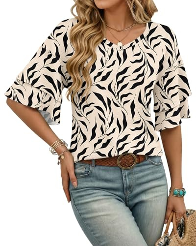 WNEEDU Tee Shirt Femme d'Été Col V Manches Courtes Blouses Femme Élégant