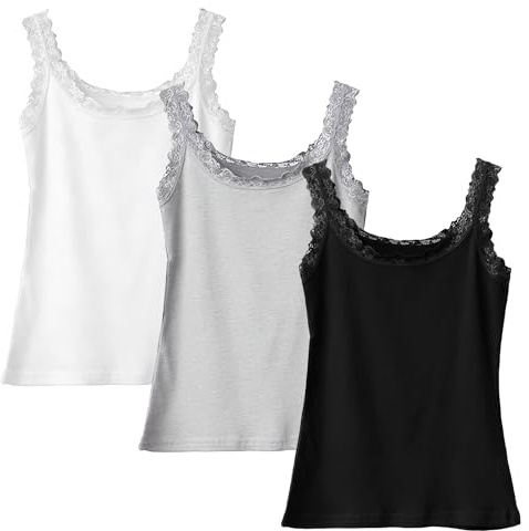 3 Pack Womens Vest Tops, Ladies Lace Camisole Tops, Sleeveless Cami Tops for Women UK, Soft Stretch Everyday Basics