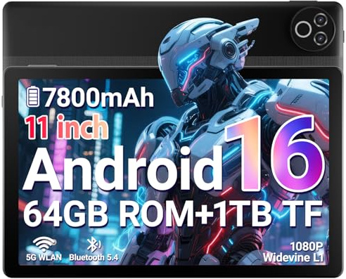 Laptok Tablet 11 Zoll, Android 16 Tablet mit 20GB RAM 64GB ROM/1TB TF, 7800mAh Akku, 5G WiFi, Widevine L1, Bluetooth 5.4, 1080P Display, 5MP+8MP Kamera, OTG, Schwarz
