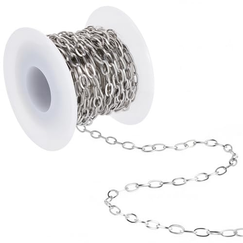 BEAMARKER Rotolo di Catena Portacavi In Acciaio Inossidabile Da 16.4 piede/5 m con Bobina In Plastica, Connettori per Catene A Maglie Saldate Ovali Argentate Da 7 x 4mm per La Creazione di Gioielli, C