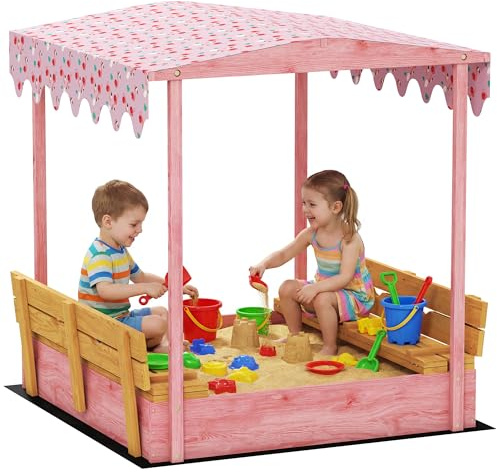 AIYAPLAY Wooden Sandbox with Lid, Kids Sandbox Outdoor Sand Pit with Foldable Seat, Storage, Flamingos Print Canopy, Bottom Liner Included, for 3-6 Years Old, Pink