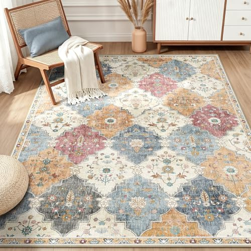 INOVADAY Boho Rugs Living Room 90x150 cm Vintage Washable Rug Orange/Red | Living Room Rug, Bedroom Rug, Dining Room Rug, Kitchen Rug, Home Office, Low Pile, Print Pattern, Soft, Non Slip, Soft, Faded
