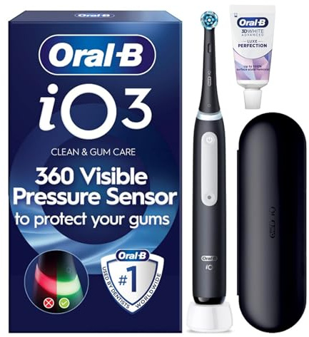 Oral-B iO3 Electric Toothbrush, Matt Black, with Travel Case and Toothpaste | 1 Brush Head, 3D White Toothpaste Included, 3 Cleaning Modes, Visible Pressure Sensor, 2-Min Timer, Long-Lasting Battery