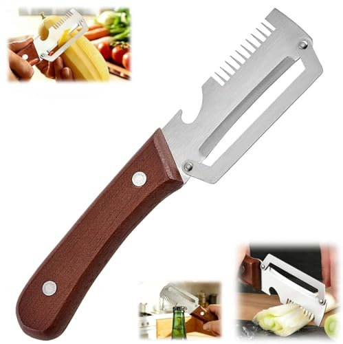 Pelador Verduras Multifunción, 3-in-1 Stainless Steel Wide Blade Potato Peeler with Built-in Scallion Shredder & Bottle Opener Zanahorias Abrir Botellas Vino Sin Esfuerzo (1 Pack)