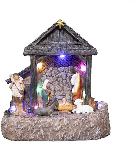 SHATCHI 22cm LED Light Up Christmas Nativity Scene Set Jesus Christ Birth Crib Battery Operated Xmas House Home Window Table Decoration