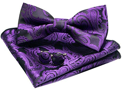 JEMYGINS Conjunto de Pajarita y Pañuelo Paisley con Gemelos para Hombre Púrpura