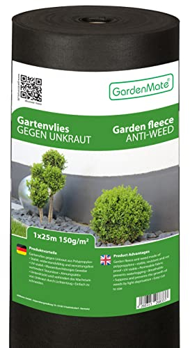 GardenMate Rollo de Malla geotextil prémium de 1 m x 25 m y 150 g/m² – Geotextil extrarresistente para Malas Hierbas – Alta estabilización contra UV – Permeable al Agua – 1 m x 25 m = 25 m²