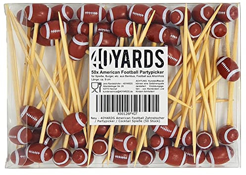 40YARDS American Football Zahnstocher (50 Stück): Party Deko/Burger Spieße/Cocktail Spieße & Football Deko im Snack Stadion