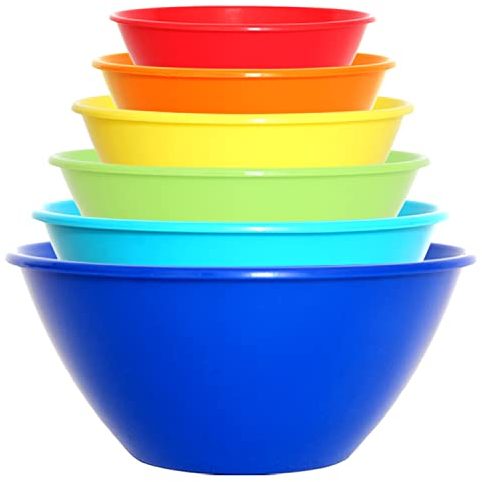 Youngever 6 Pack Re-usable Plastic Mixing and Serving Bowls, Large Plastic Nesting Bowls Set, Popcorn Bowls, Salad Bowls, Chip and Dip Serving Bowls - 3.5L 2.4L 1.5L 1L 650ML 350ML (Rainbow)