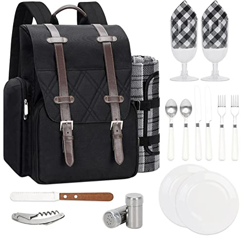 Picknickryggsäck för 2 personer med stor isolerad kylväska, picknickkorgset med vinpåse, vattentät picknickfilt och bestickuppsättning. Perfekt för camping, fest, bröllopspresent för par. 2P-svart