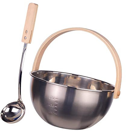 Ronyme Ensemble de Seau et Louche En Acier Inoxydable pour Sauna Accessoires de Bain SPA avec Poignée En Bois