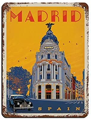 Lsjuee Placa de paisaje urbano vintage Metrópolis de Madrid España Cartel de chapa vintage Hogar Oficina Cocina Pub Club Café Bar Granja Restaurante Colección Decoración de pared de metal