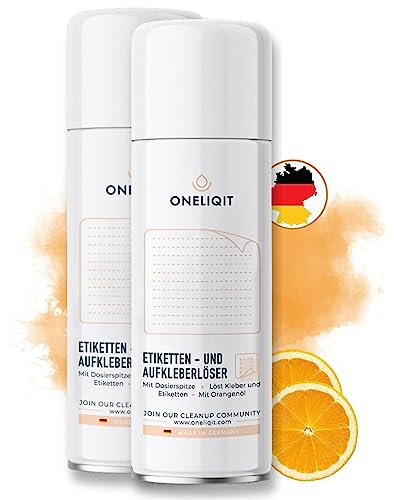 ONELIQIT® Etikettenentferner, Etikettenlöser, Klebereste Entferner mit Orangenöl 2 x 200ml für das einfache Entfernen von Etiketten, Aufklebern, Vignetten & Klebstoffen