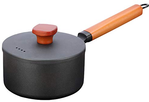 Milk Pan,Non Stick Stone With Wooden Handle And Lid Cookware,Kitchen Iron Milk Pot,Milk Jug/Tea/Coffee/Egg Boiling Pot/Baby Food Pot,Black 16CM