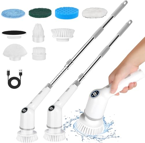 Skeufy Electric Spin Power Scrubber, 2024 New 3 Speed 450Rpm Electric Scrubbing Brush With Adjustable Handle And 8 Replaceable Heads for Tile, Sink, Shower Tub Bathroom, Kitchen Floor, Car Wash