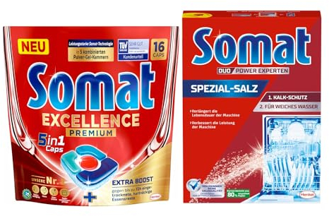 SOMAT 5in1 Caps 16 AW Excellence Premium, schnellauflösende Spülmaschinentabs mit Extra Boost, entfernen hartnäckige Essensreste + Somat Duo Power Experten Spezial-Salz 1,2kg