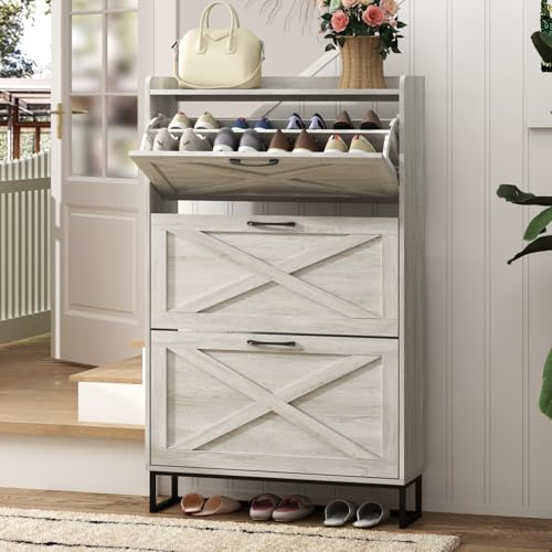 Maupvit Shoe Storage Cabinet with 3 Flip Drawers, Freestanding Organizer with Metal Legs for Entryway, Narrow Shoe Rack Cabinet, Beige
