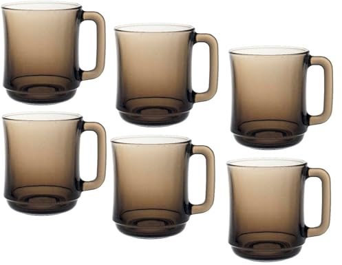 Genérico Juego de 6 Vasos de Vidrio Templado con Asa - 310 ml | Elegante y Resistente - Set completo de Cafe, Te, bebidas calientes o frias | Set de 6 tazas de Cristal templado (Ahumado)