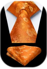 HISDERN Cravate Orange Cravates Florales pour Hommes Cravate et Carré de Poche Ensemble pour Fête de Mariage Affaires Cravate Formelle Ensemble avec Boîte-Cadeau