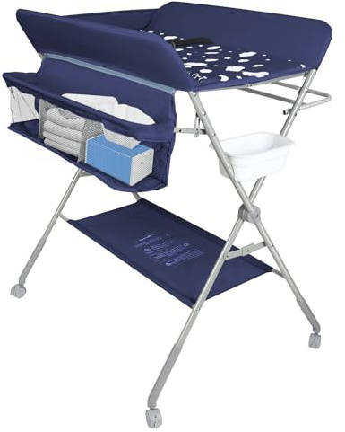 Mesa de cambio plegable, cambiador ajustable en altura con cesta de almacenamiento, cinturón de seguridad y 4 ruedas con freno-