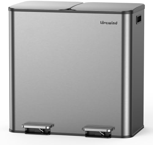 lovewind Mülleimer, 2 x 40L Mülleimer Küche, Doppeleimer für Recycling und Abfall, Silber, Mülleimer aus Edelstahl mit Deckel und Inneneimern, Großes Fassungsvermögen, Deckel mit Soft-Close-Funktion