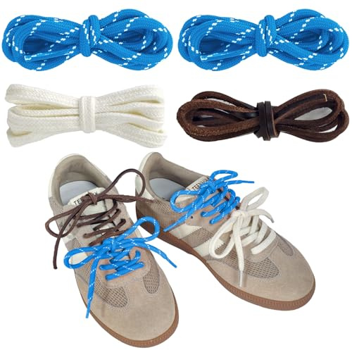 UamGlsob 4pcs Multi-Color Shoelaces Assortment, Leather, Round & Flat Laces for Sneakers, Boots, Trainers - Universal DIY Replacement Strings Set (Multicolor-Blue)