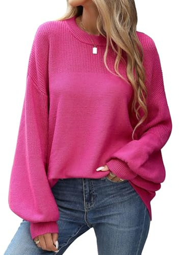 heekpek Women's Jumpers Crew Neck Loose Knitted Jumper Lantern Sleeve Ladies Sweaters Warm Autumn Winter Tops Chunky Pullovers Knitwear, Rose Red, XL