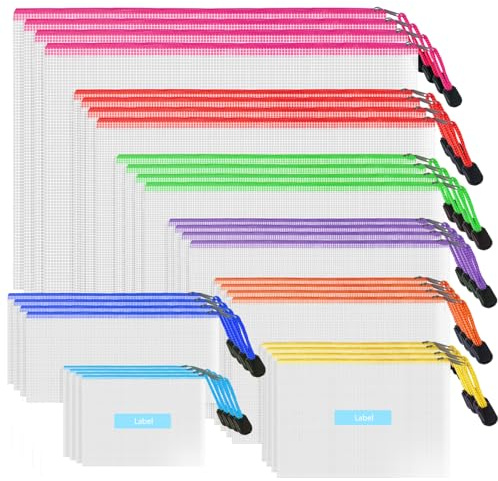 Plastic Wallets Zip Folders - 32PCS Zip Lock Bags Waterproof Document File Folders Mesh Zipper Pouches Storage Bags for School, Office Supply, Home and Travel (8 Sizes - B4 A4 B5 A5 B6 A6 Bill B8)