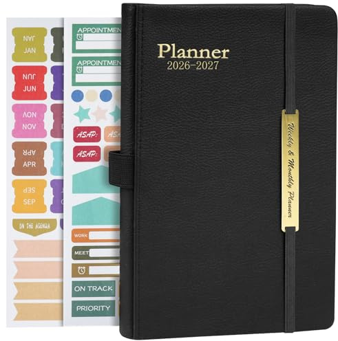 AUAUY Tagesplaner Kalender 2026 2027 Buchkalender Hardcover mit PU-Leder, 18-Monate-Terminplaner (Jan.2026-Jun.2027), A5-Schuljahresplaner mit Stickern, Lehrer-Planer Schulplaner Schülerkalender