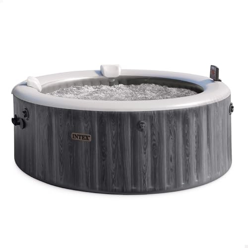 INTEX PureSpa Greywood Deluxe - Vasca idromassaggio per 4 persone, con venature del legno grigio, 140 ugelli d'aria, 2200 W, con illuminazione a LED, sistema di addolcimento dell'acqua e controllo app