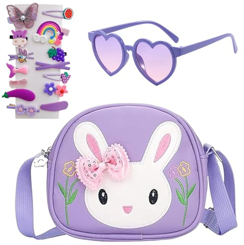 HTTDSLF Borsa a Tracolla per Ragazze, Borsetta per Bambini, Principessa Borsa per Bambina - Occhiali da Sole a Forma di Cuore & 14 Fermagli per Capelli, Idea Regalo Piccola Ragazza Compleanno Natale