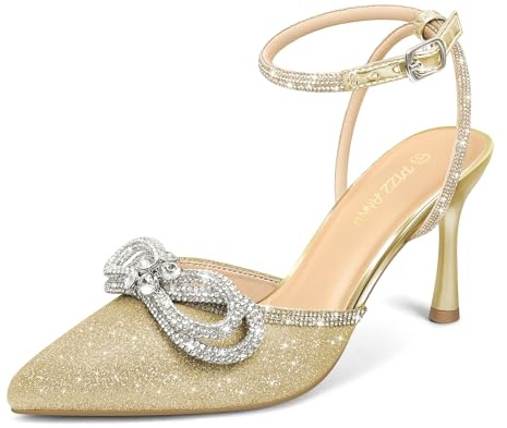 PIZZ ANNU Escarpins Femme à Talon Aiguille Confortable Chaussure de Danse Bout Pointu Lanière Cheville Haut Sexy Heel Dance Shoes Nœud Doré EU 38