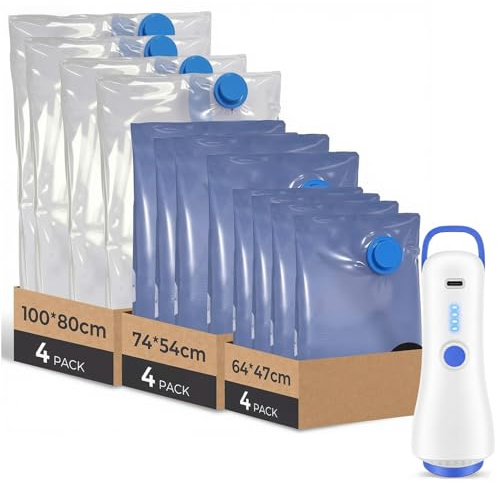 Raplink Paquete de 12 bolsas de almacenamiento al vacío (4 de 100 x 80 cm, 4 de 74 x 54 cm y 4 de 64 x 47 cm) con bomba eléctrica y doble cremallera, impermeables y herméticas.