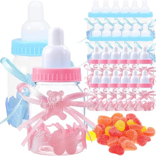 MINGZE 24 Pezzi Biberon Portaconfetti Vasetto Caramelle, Caramella Bomboniere Bottiglia, Favori di Nozze Forma di Bambino Bottiglina, Baby Shower Battesimo Bottigliette Regali Decorazione (Rosa + blu)