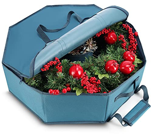 Wreath Storage Container - Hard Shell Christmas Wreath Storage Bag with Interior Pockets, Dual Zipper and Handles - 24 Premium Wreath Storage Organizer Box by Hearth & Harbor