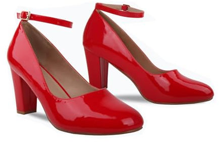 Bismaa Womens Unisex Buckle Ankle Strap Mid Block Heel Shoes Plus Size 9 10 11 12 (Red Patent, Numeric_10)