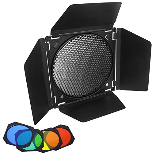 Godox BD-04 Barndoor Puerta de Granero con Rejilla de Panal para Reflector Estándar de 7 y Luz de Video LED Godox SL-60 MS300V SK400IIV con Montura Bowens,con Filtros de Gel de 4 Colores