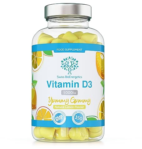 Vitamin D3 Gummies 25µg 1000IU - 150 Natural Lemon Flavour Chewable Yummy Gummies - 5 Month Supply - Made in The UK