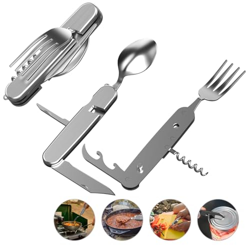Outdoor Besteck Edelstahl Klappbesteck Camping Besteckset Survival Reisebesteck Klapp Campingbesteck 6 in 1 Messer Gabel Löffel Flaschenöffner Set Feldbesteck für Wandern Reise(Silber)