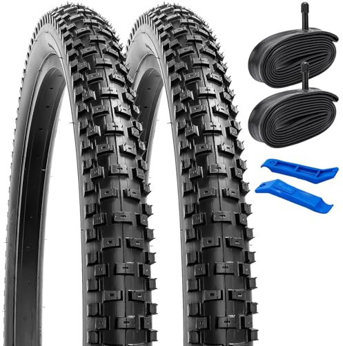 YUNSCM 2-PCS 26 Pouces Montagne Vélo pneus 26x2.35/57-559 and 26 Pouces Vélo Chambre à air Schrader Valve Compatible with Off Route Vélo 26x2.30 26x2.35 26x2.40 Bike pneus and Chambre à air (Y-700)
