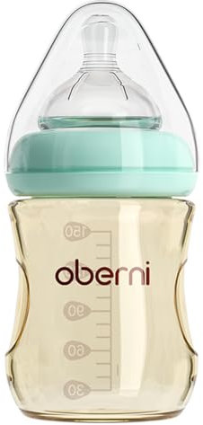 Oberni Baby Bottles 0-3 Months, Anti-Colic Baby Bottle with Size 1 Slow Flow Teat for Newborn Babies Milk Feeding, 150ml, Blue